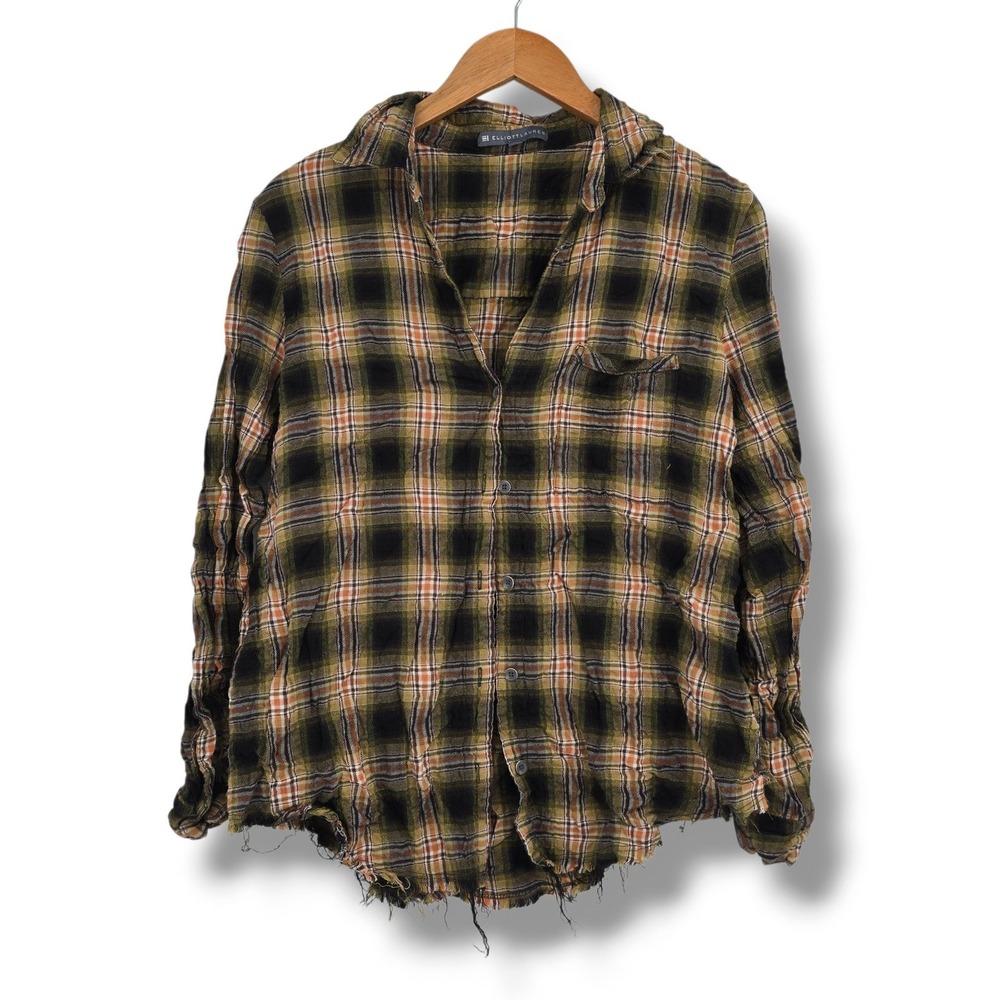 Elliott Lauren Distressed Plaid Button Up Shirt Olive Orange Raw Hem Size 10